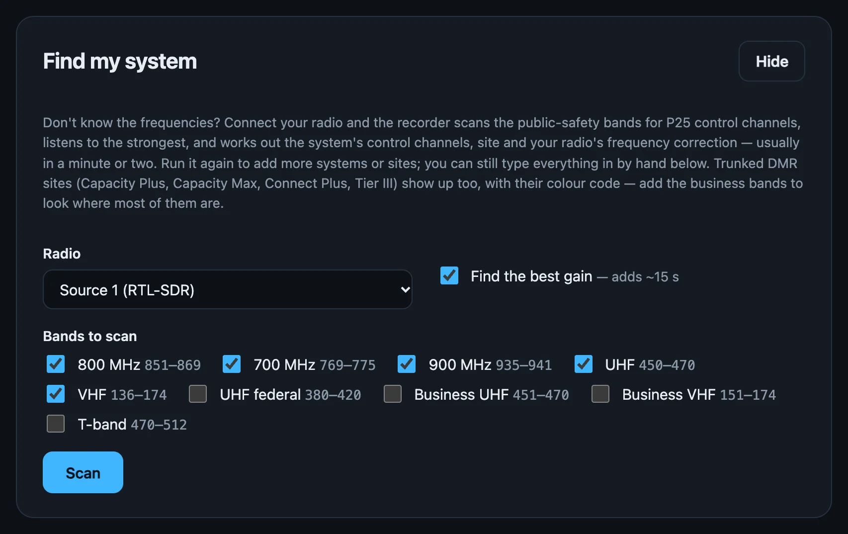 The Find my system panel: a radio picker, an option to find the best gain, and checkboxes for the bands to scan, from VHF to 900 MHz.